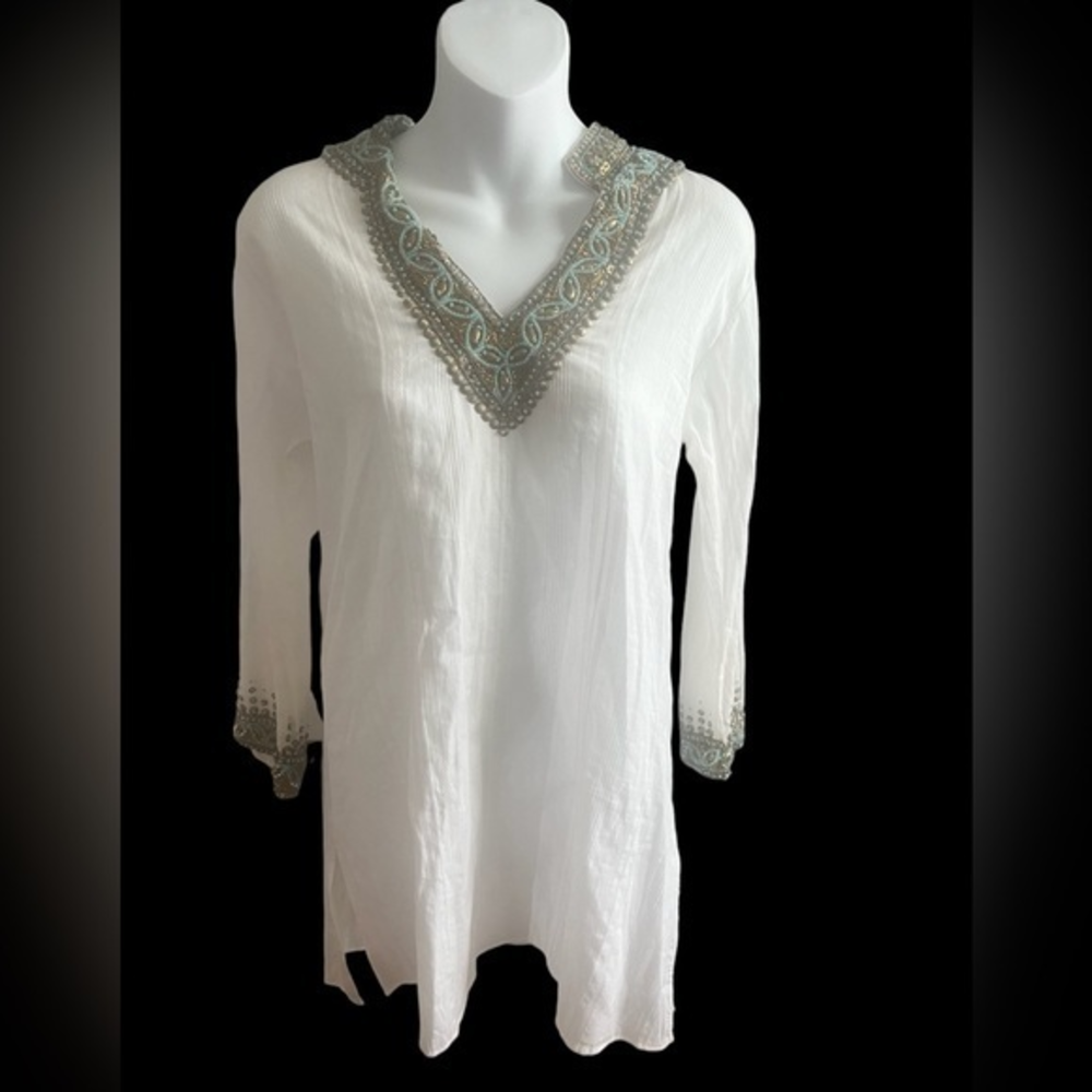Sulu White cotton embroidered Gold/Aqua Beaded Tunic size‎ 6